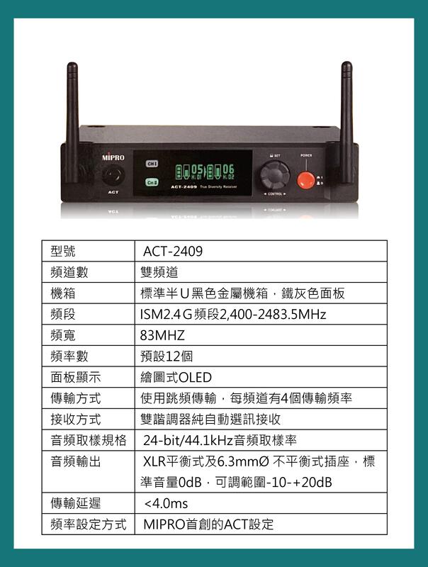MIPRO ACT-2409 數位式雙頻道 無線麥克風系統 圖3